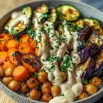 Bowl mit ger&ouml;stetem Gem&uuml;se und Kichererbsen mit Tahini-Dressing