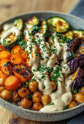 Bowl mit geröstetem Gemüse und Kichererbsen mit Tahini-Dressing