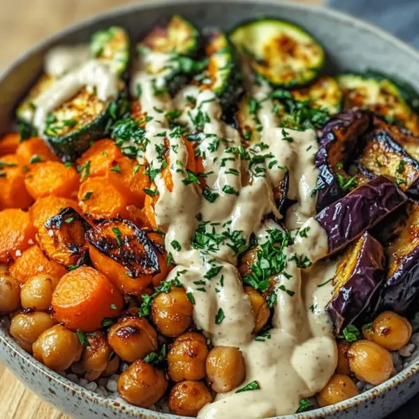 Bowl mit geröstetem Gemüse und Kichererbsen mit Tahini-Dressing