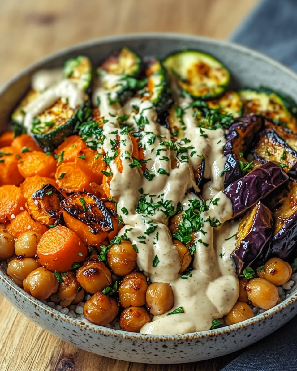 Bowl mit ger&ouml;stetem Gem&uuml;se und Kichererbsen mit Tahini-Dressing