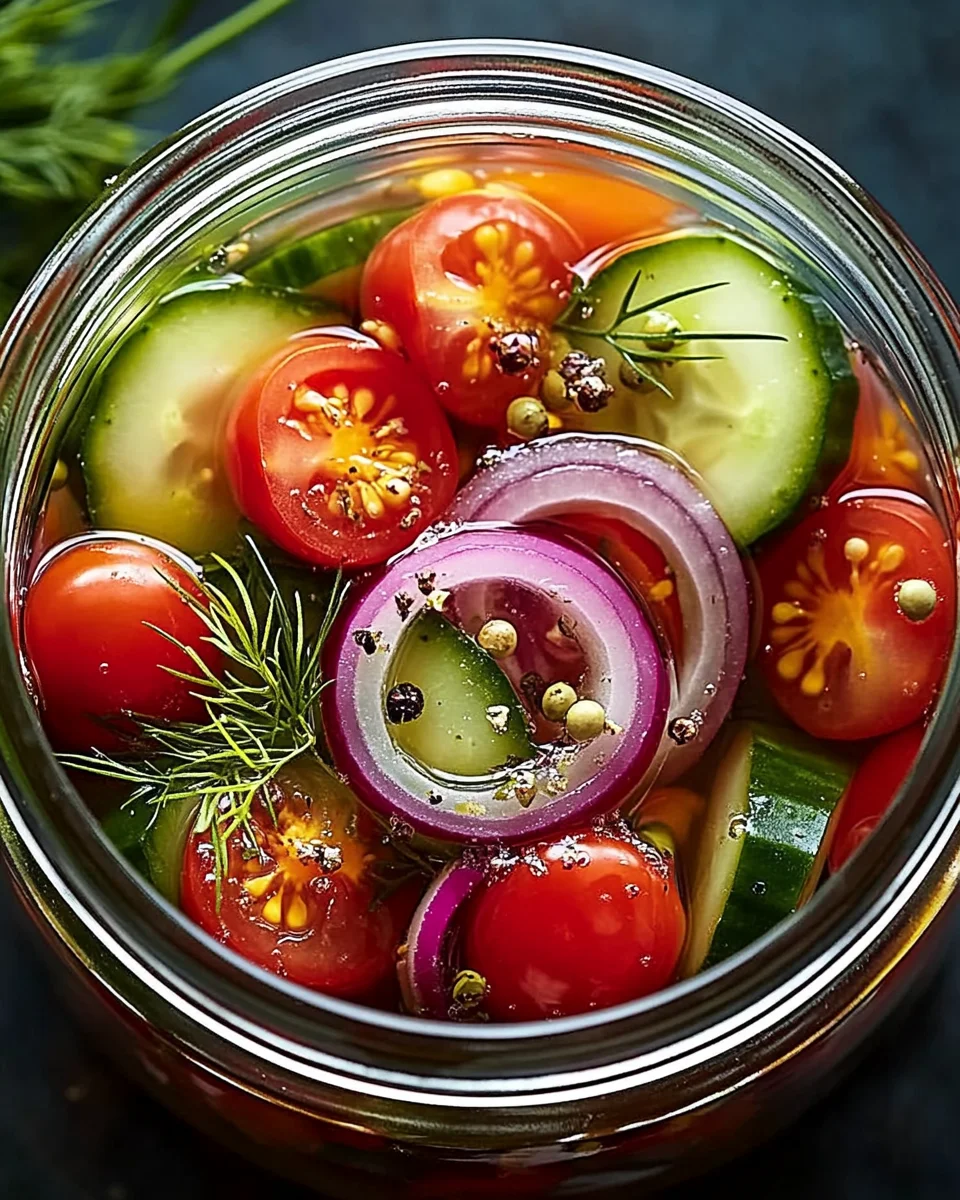 Eingelegte Kirschtomaten, Rote Zwiebeln und Gurken