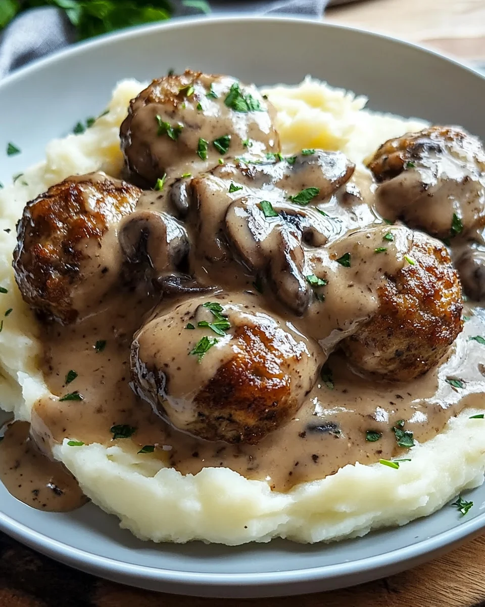 Fleischbällchen mit Kartoffelpüree und Champignonrahmsauce 31 Fleischbällchen mit Kartoffelpüree und Champignonrahmsauce
