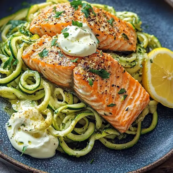 Kräuterlachs auf Zucchinipasta
