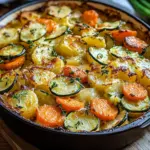 Vegetarischer Kartoffelauflauf mit Zucchini, Karotten und Zwiebeln