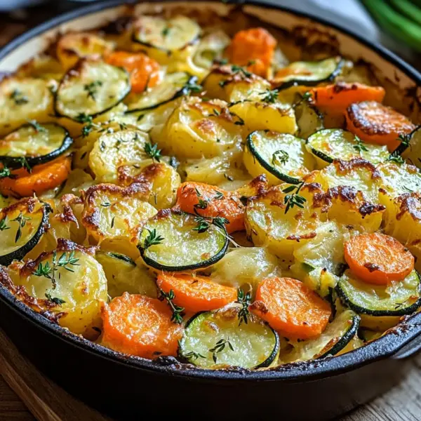 Vegetarischer Kartoffelauflauf mit Zucchini, Karotten und Zwiebeln