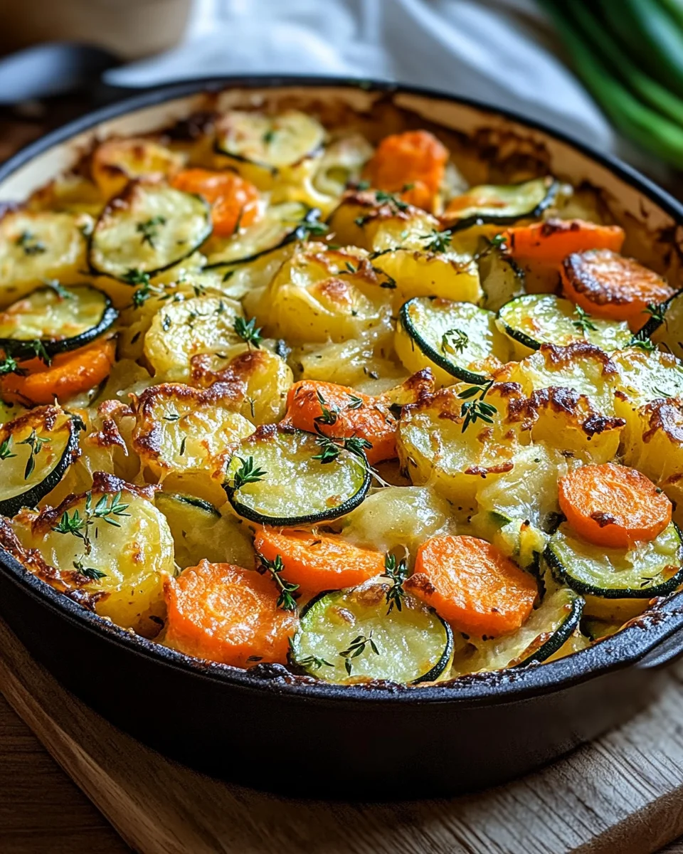 Vegetarischer Kartoffelauflauf mit Zucchini, Karotten und Zwiebeln