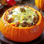Gef&uuml;llter K&uuml;rbis mit Fleisch, Champignons, Paprika und K&auml;se aus dem Ofen