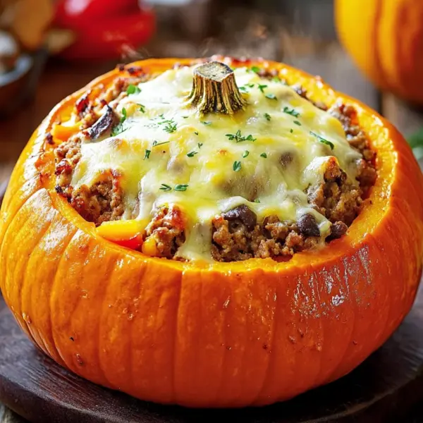 Gefüllter Kürbis mit Fleisch, Champignons, Paprika und Käse aus dem Ofen