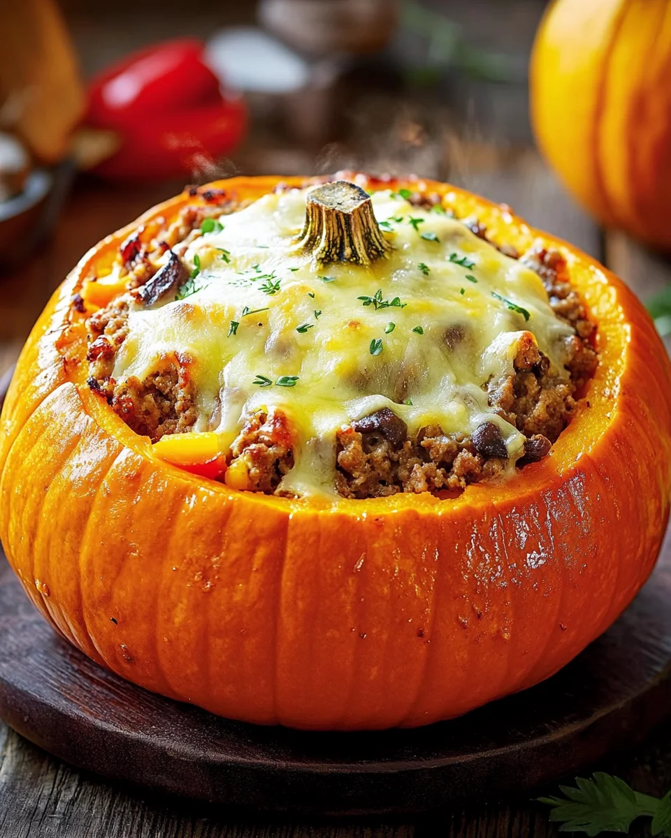 Gef&uuml;llter K&uuml;rbis mit Fleisch, Champignons, Paprika und K&auml;se aus dem Ofen