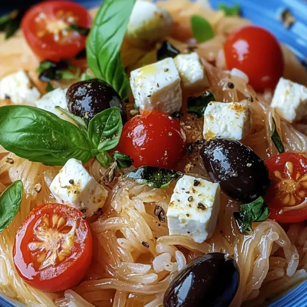 Griechische Reisnudeln mit Tomaten, Feta und Oliven