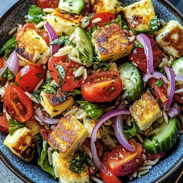 Kritharaki-Salat mit Halloumi-Croutons