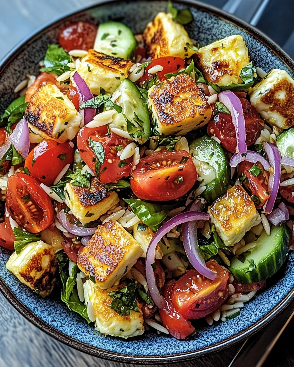 Kritharaki-Salat mit Halloumi-Croutons