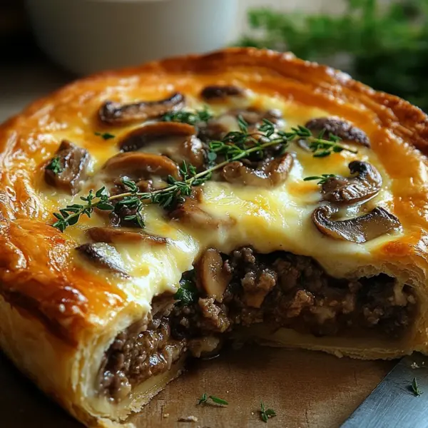 Torte mit Pilzen, Hackfleisch und Käse