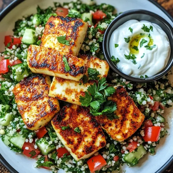 Würziger Halloumi mit Tabbouleh und Minzjoghurt