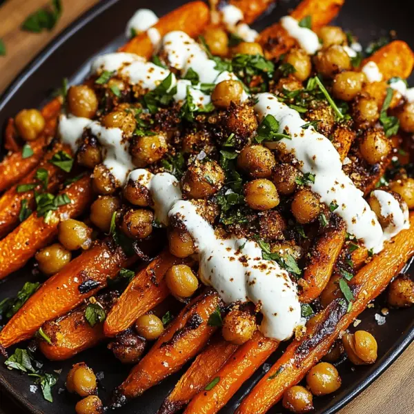 Spicy Maple-Roasted Carrots with Crispy Chickpeas and Yogurt Sauce