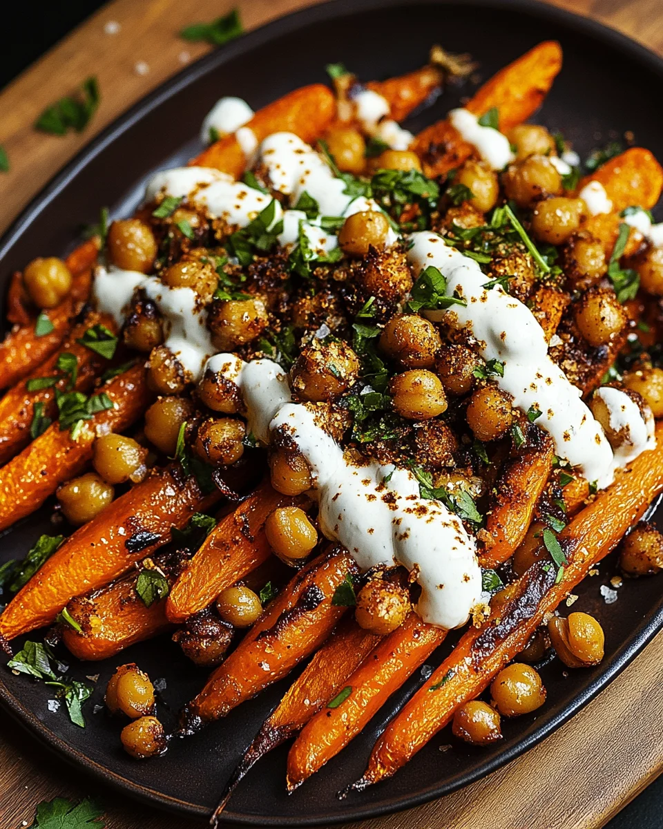 Spicy Maple-Roasted Carrots with Crispy Chickpeas and Yogurt Sauce