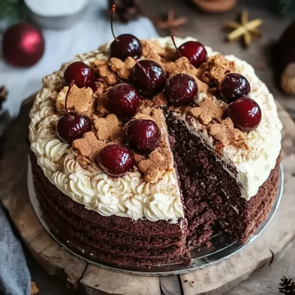 Winterlicher Maulwurfkuchen mit Zimtsahne und Punschkirschen