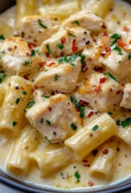 Cremiges Knoblauchbutter-Huhn und Rigatoni in Parmesan-Soße