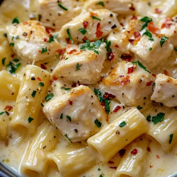 Cremiges Knoblauchbutter-Huhn und Rigatoni in Parmesan-Soße