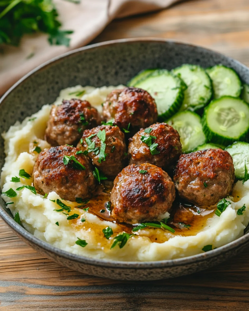 Fleischbällchen mit Gurkensalat und Kartoffelstampf 16 Fleischbällchen