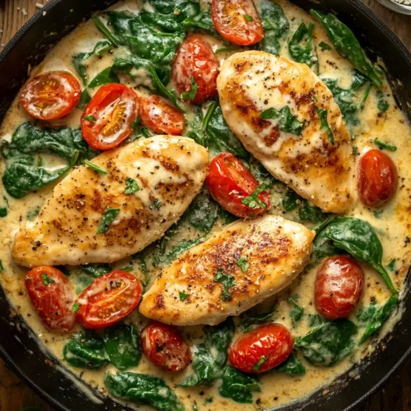 Keto Hähnchen-Spinat-Tomaten-Pfanne