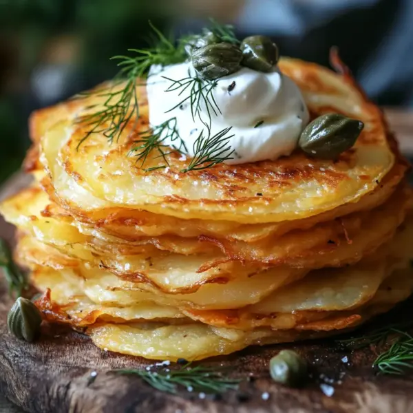 Knusprige Kartoffelgalette mit Räucherlachs und Crème Fraîche