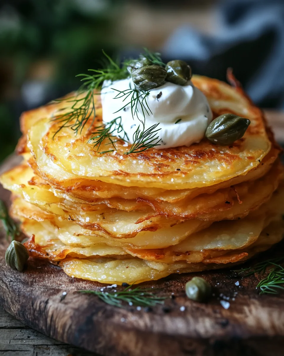 Knusprige Kartoffelgalette mit Räucherlachs und Crème Fraîche
