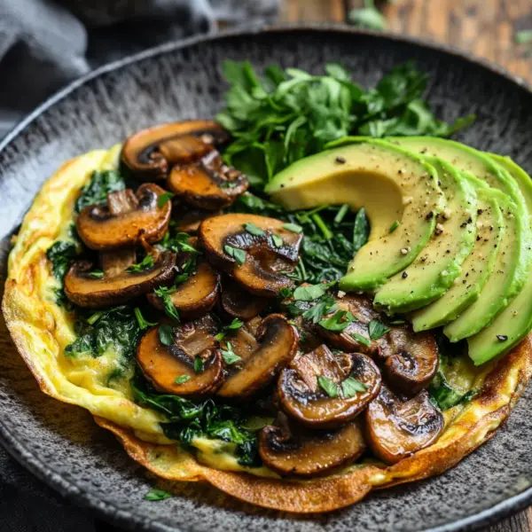 Omelett mit Pilzen, Spinat und Avocado