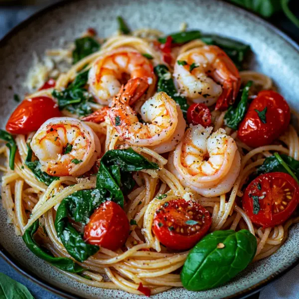 Tomate-Spinat-Garnelen-Nudeln