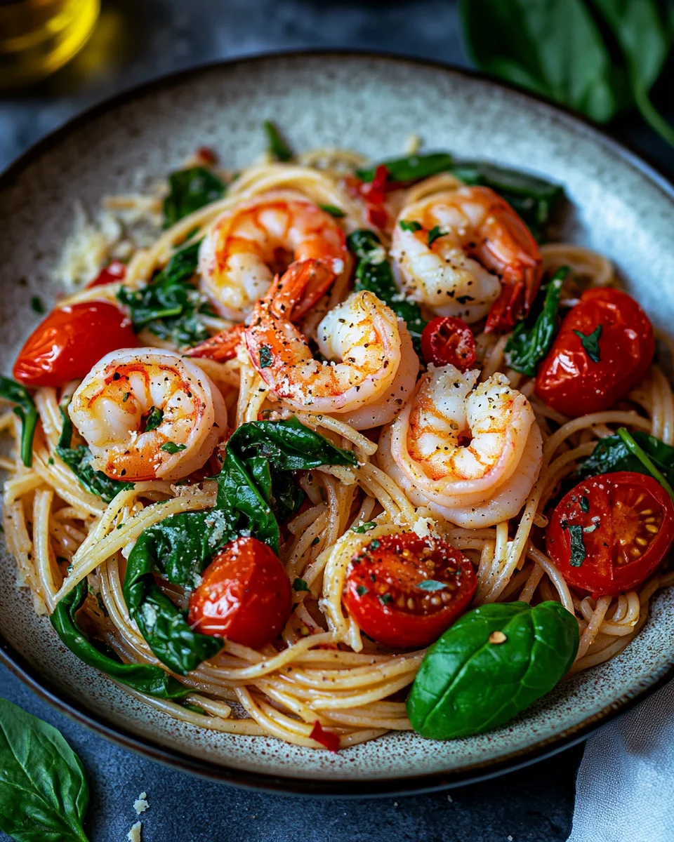 Tomate-Spinat-Garnelen-Nudeln