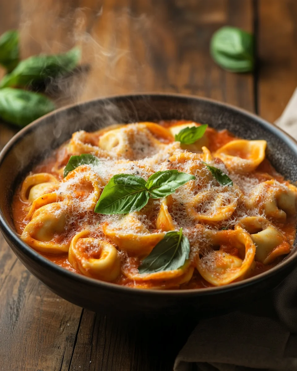 Tortellini mit Tomaten-Sahnesoße, Käse und Basilikum 20 Tortellini