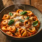Tortellini mit Tomaten-Sahneso&szlig;e, K&auml;se und Basilikum