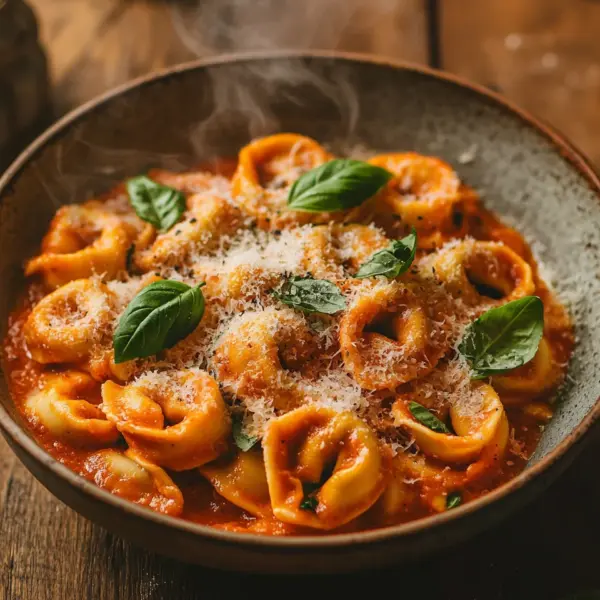 Tortellini mit Tomaten-Sahnesoße, Käse und Basilikum