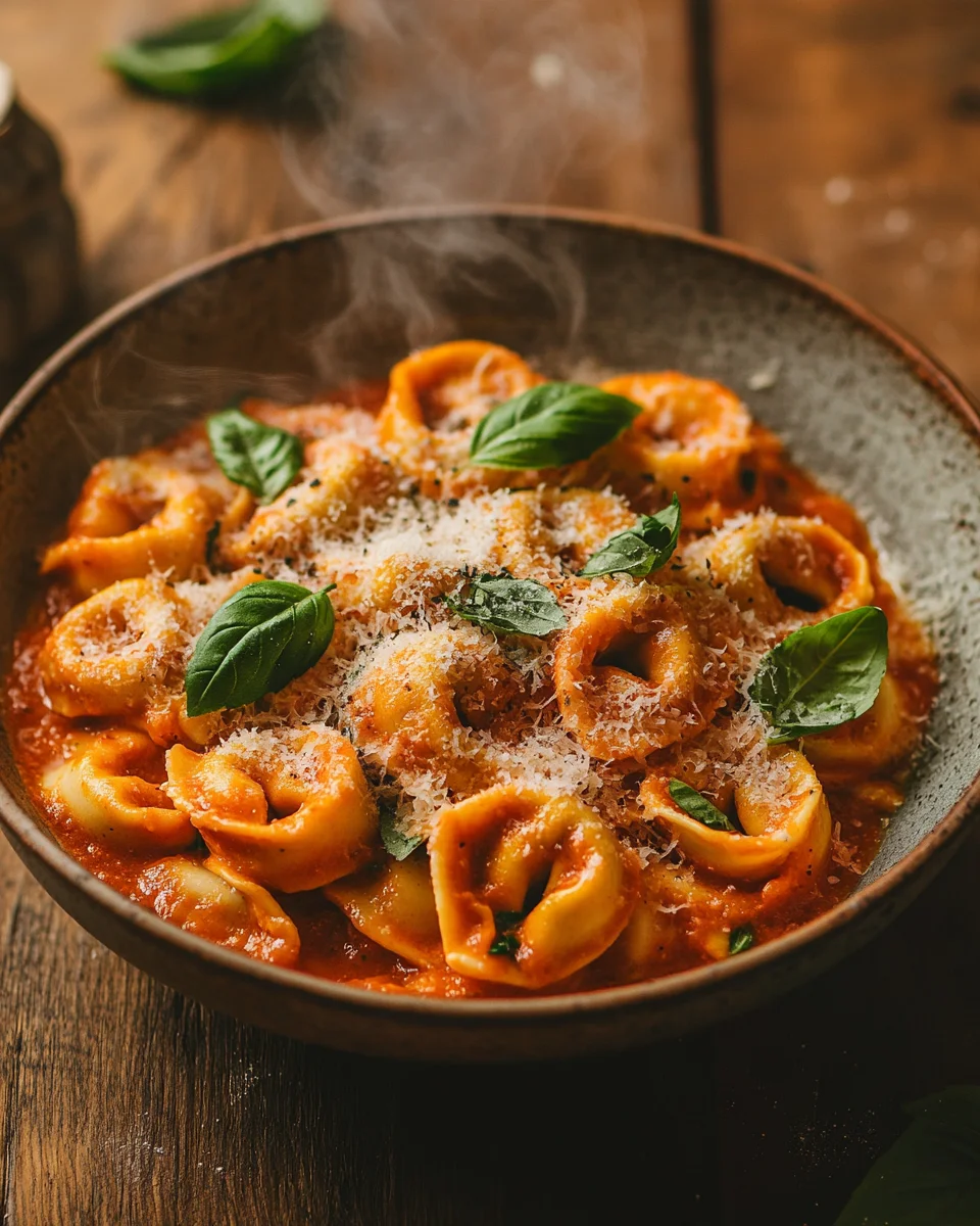 Tortellini mit Tomaten-Sahnesoße, Käse und Basilikum 22 Tortellini mit Tomaten-Sahnesoße, Käse und Basilikum